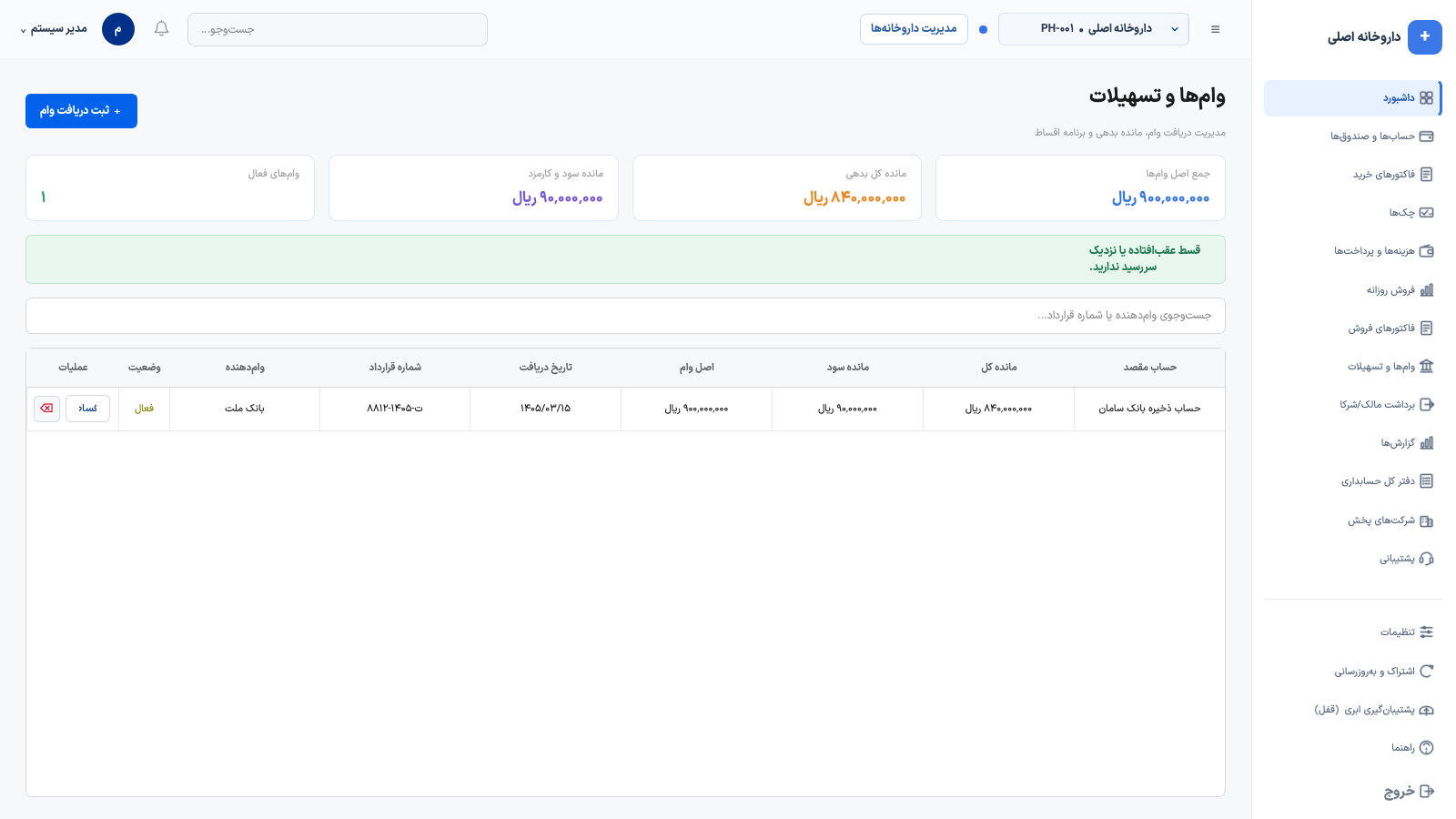 صفحه مدیریت وام و اقساط داروخانه در فارماحساب